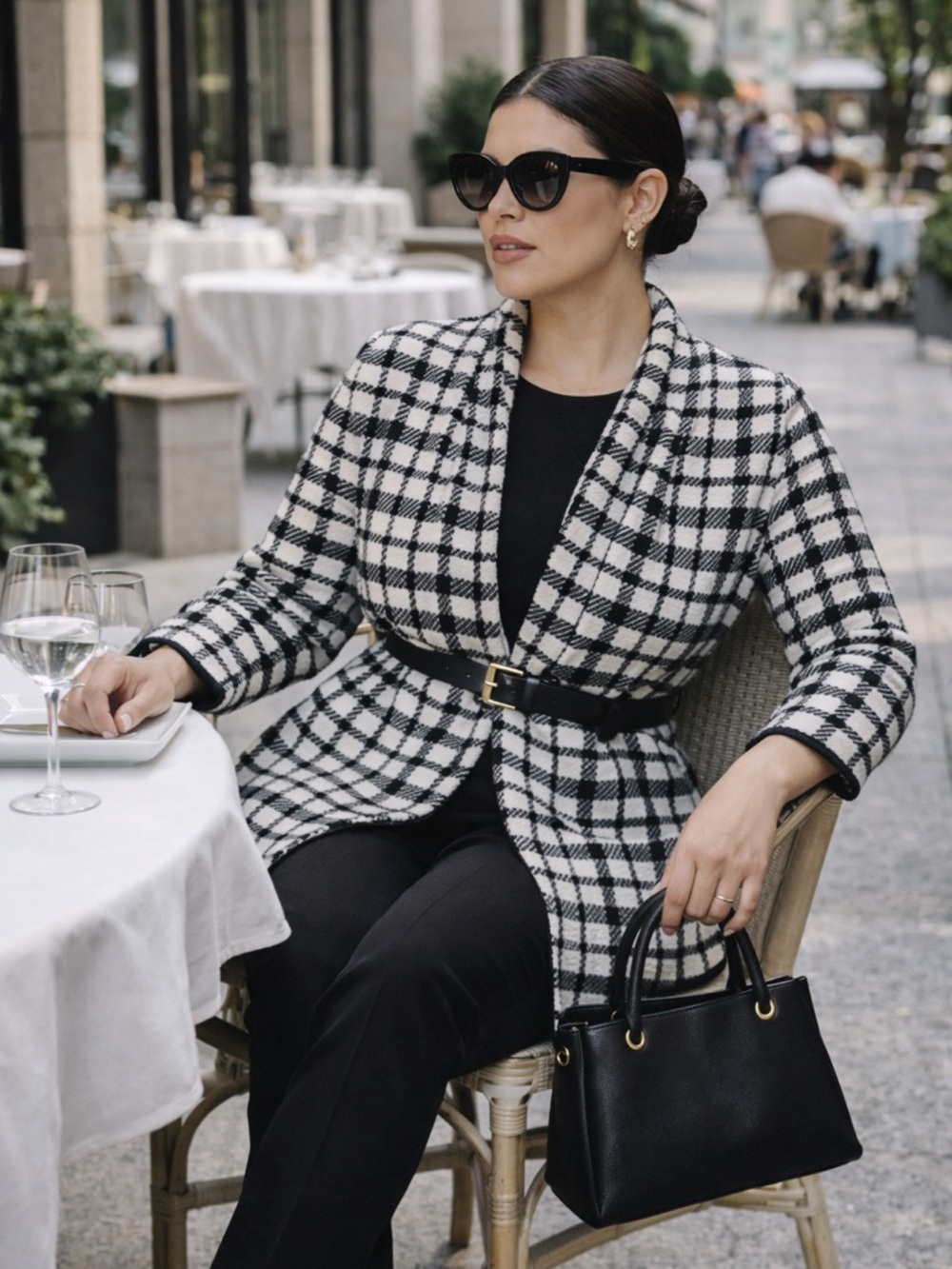 St John Cream & Black Plaid Open Front Tweed Cardigan - Sz 10